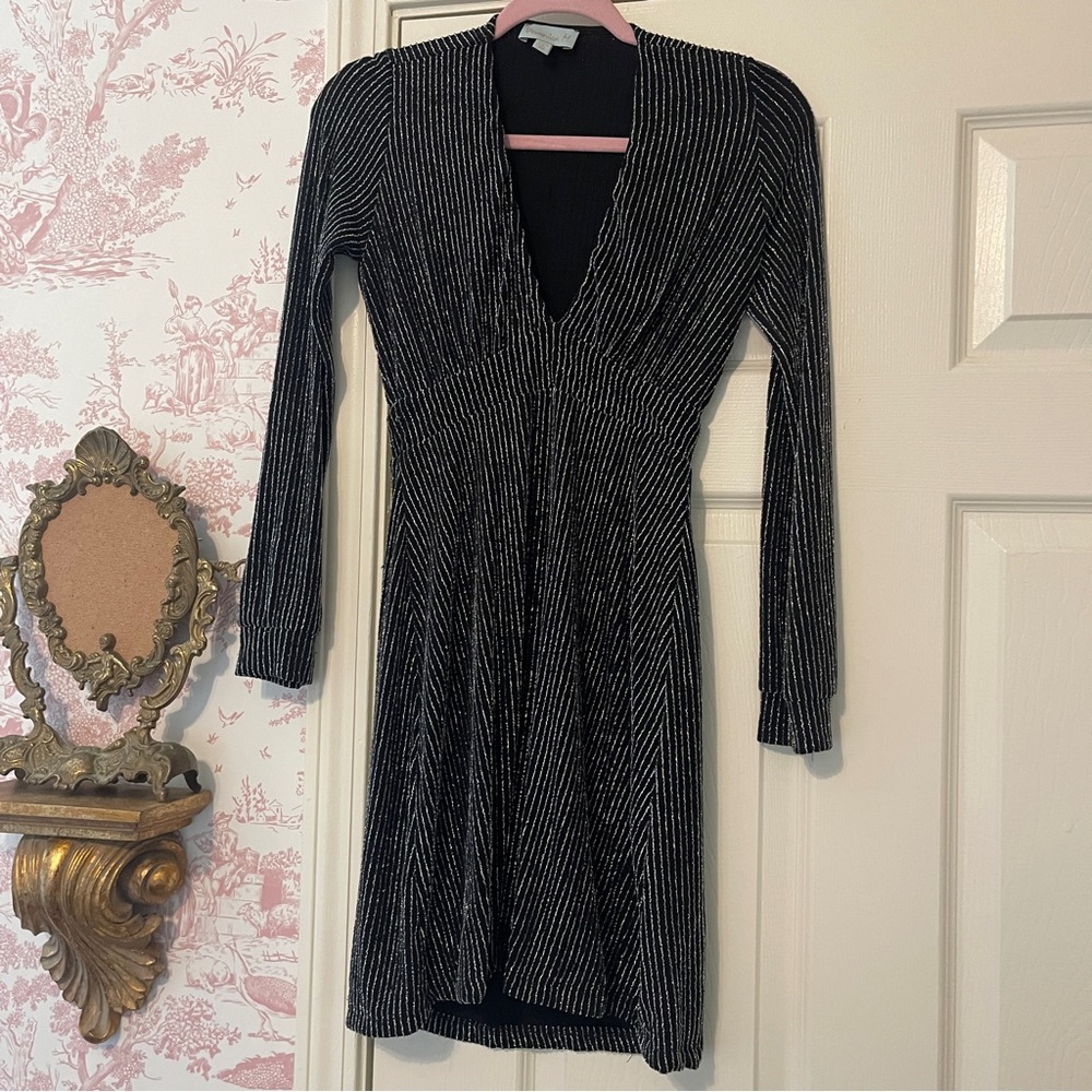 Veronica M stretchy metallic long sleeve black midi dress